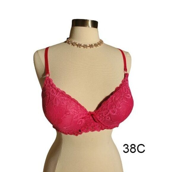Women's Push Up 38C Pink Sexy Lace Overlay Hot Pink Push Up Demi Bra 38C NWOT - Picture 1 of 9